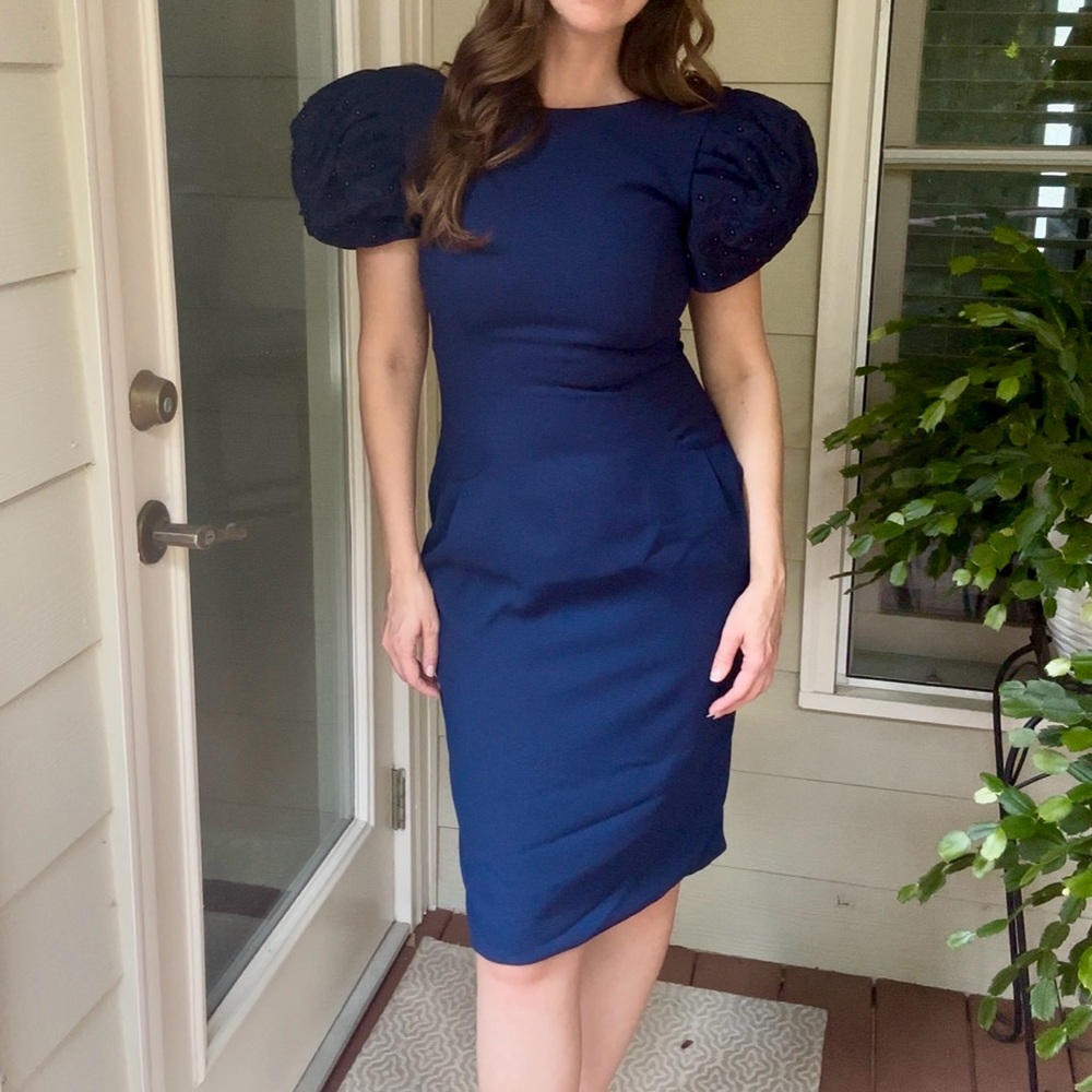 VTG 80s Morton Myles Navy Puff Sleeve Dress | Wearable Art Cocktail Dress Size 6